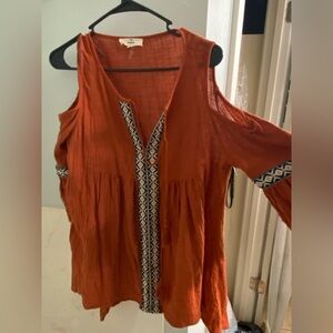 Entro Rust Cold Shoulder Top with Patterned Trim